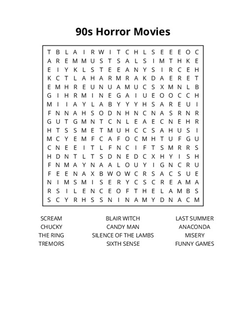 90s Horror Movies Word Search Puzzle