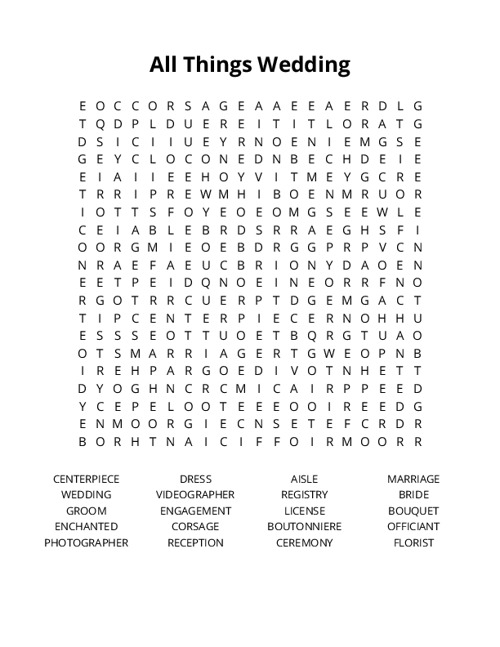 All Things Wedding Word Search Puzzle