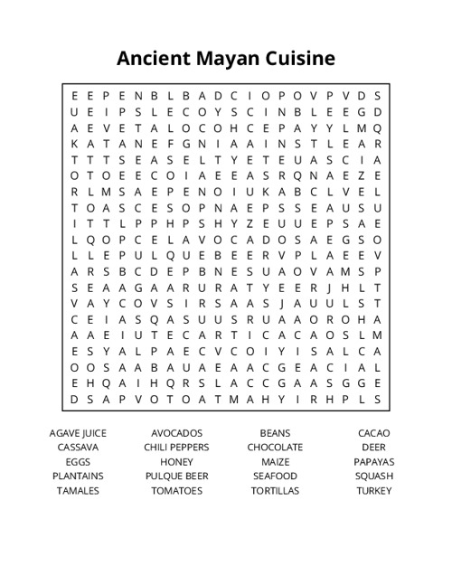 Ancient Mayan Cuisine Word Search Puzzle