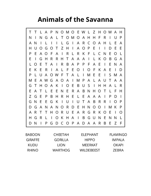 Animals of the Savanna Word Search Puzzle