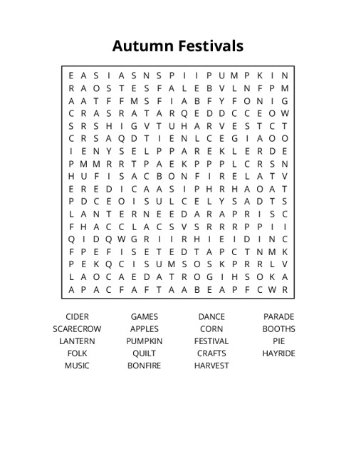 Autumn Festivals Word Search Puzzle