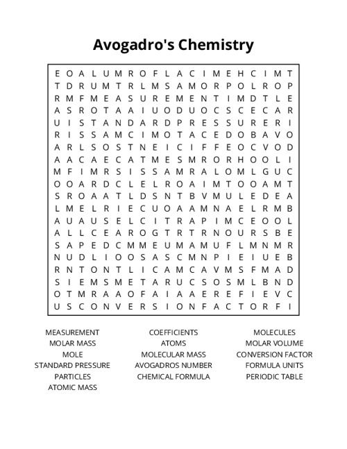 Avogadros Chemistry Word Search Puzzle
