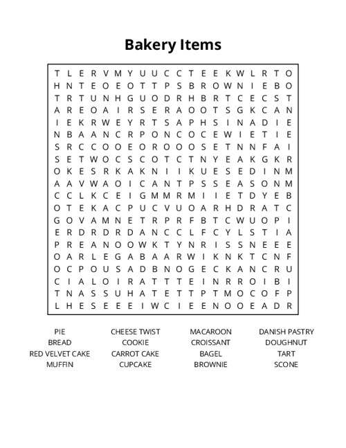 Bakery Items Word Search Puzzle
