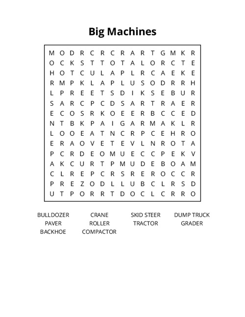 Big Machines Word Search Puzzle