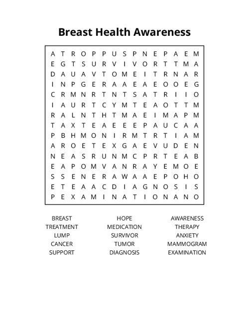 Breast Health Awareness Word Search Puzzle