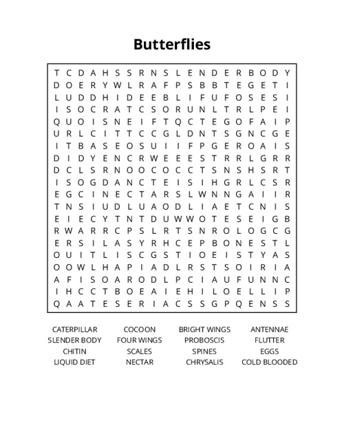 Butterflies Word Search Puzzle