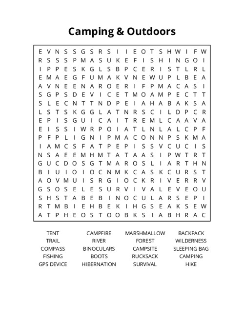 Camping & Outdoors Word Search Puzzle