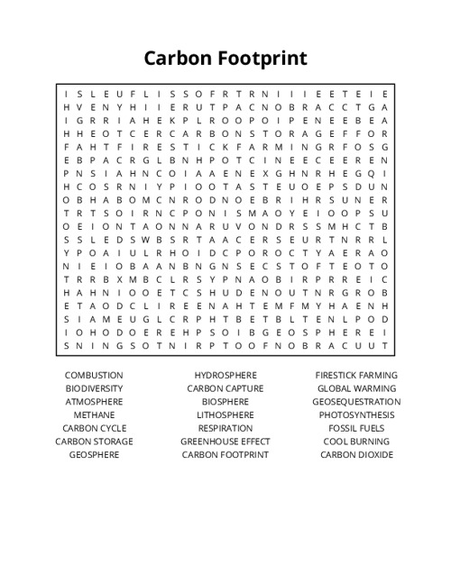 Carbon Footprint Word Search Puzzle