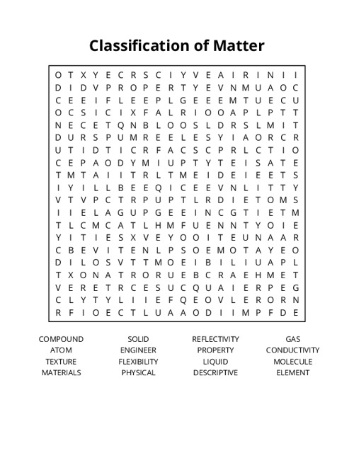 Classification of Matter Word Search Puzzle