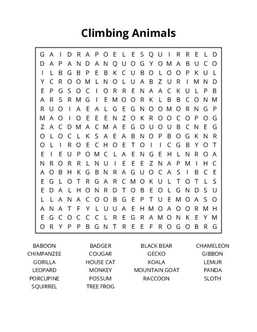 Climbing Animals Word Search Puzzle