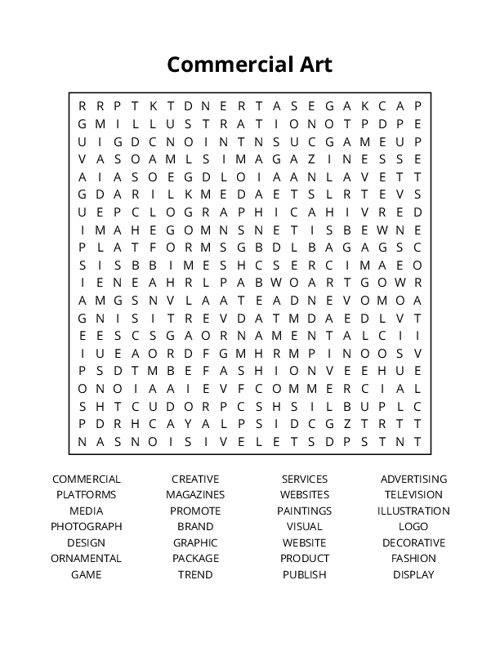 Commercial Art Word Search Puzzle