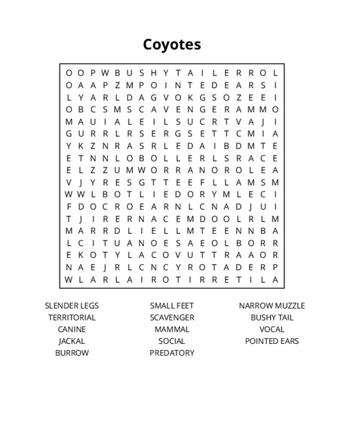 Coyotes Word Search Puzzle
