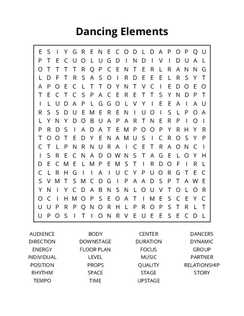 Dancing Elements Word Search Puzzle