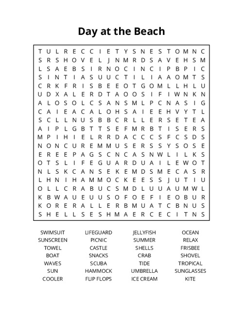 Day at the Beach Word Search Puzzle