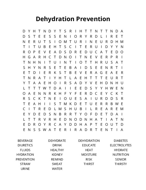 Dehydration Prevention Word Search Puzzle