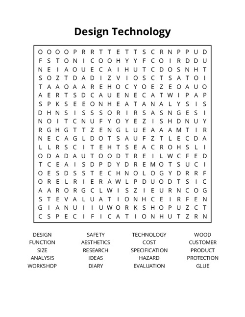 Design Technology Word Search Puzzle