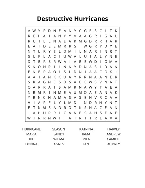 Destructive Hurricanes Word Search Puzzle