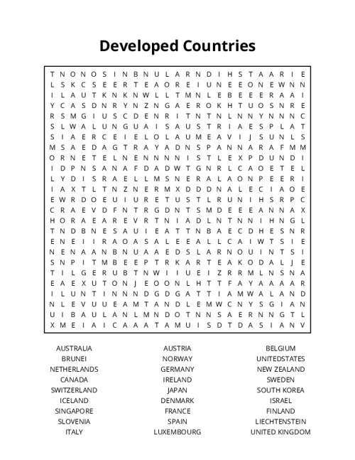 Developed Countries Word Search Puzzle