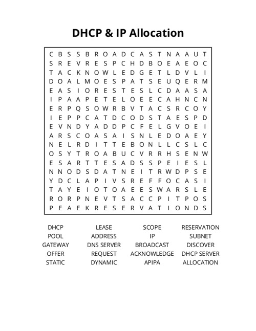 DHCP & IP Allocation Word Search Puzzle