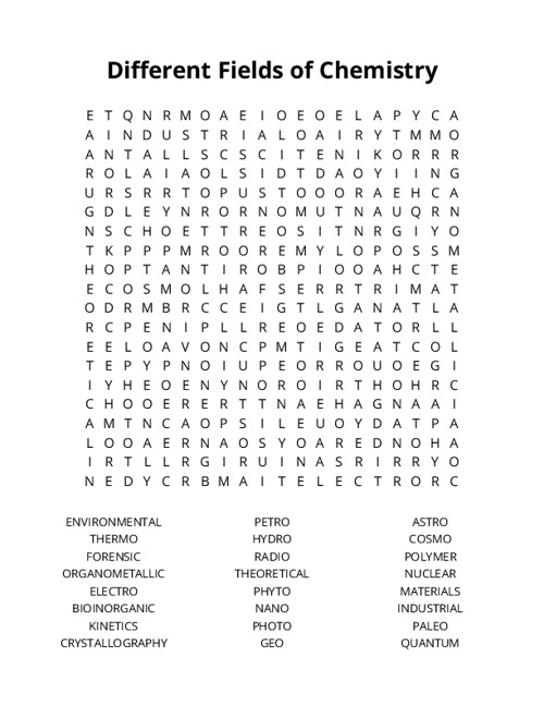 Different Fields of Chemistry Word Search Puzzle