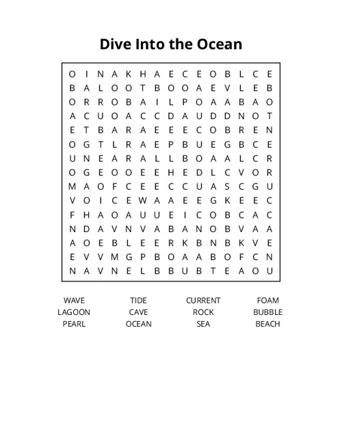 Dive Into the Ocean Word Search Puzzle