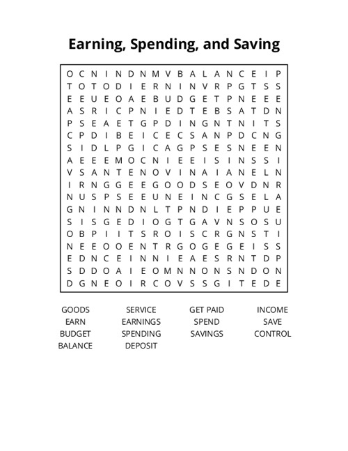Earning, Spending, and Saving Money Word Search Puzzle