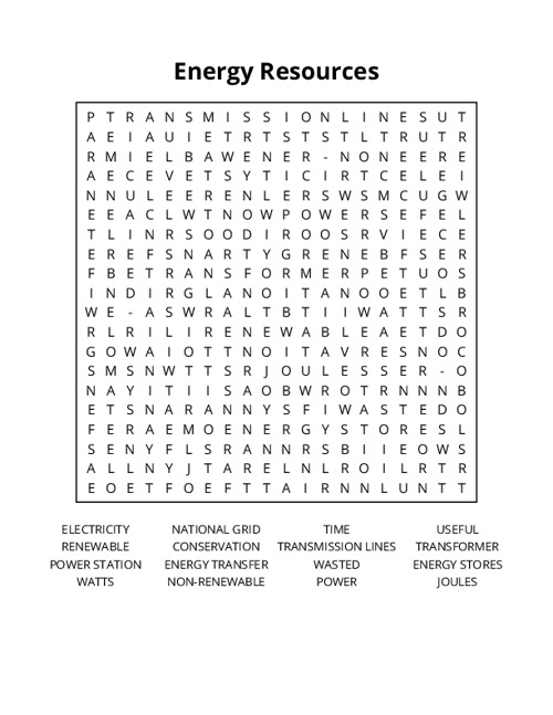 Energy Resources Word Search Puzzle