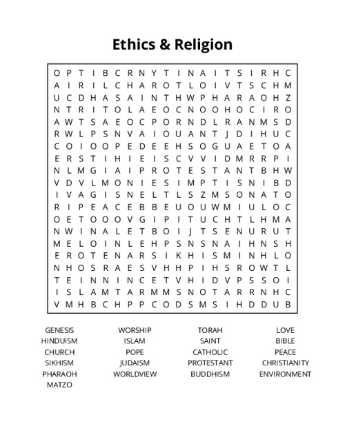 Ethics & Religion Word Search Puzzle