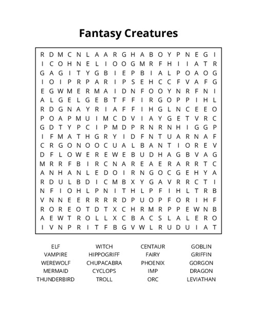 Fantasy Creatures Word Search Puzzle