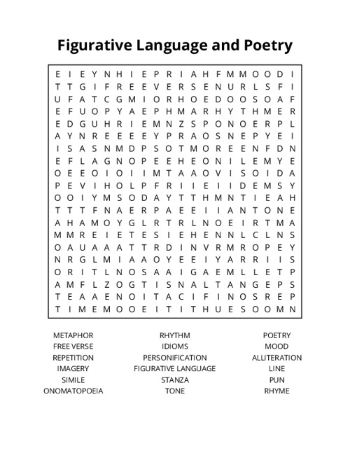 Figurative Language and Poetry Word Search Puzzle
