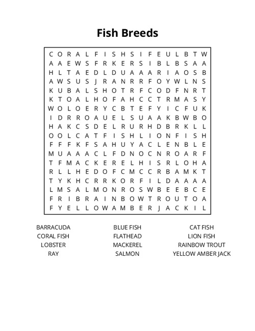 Fish Breeds Word Search Puzzle