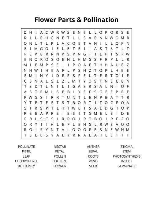 Flower Parts & Pollination Word Search Puzzle