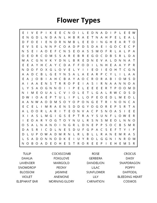 Flower Types Word Search Puzzle