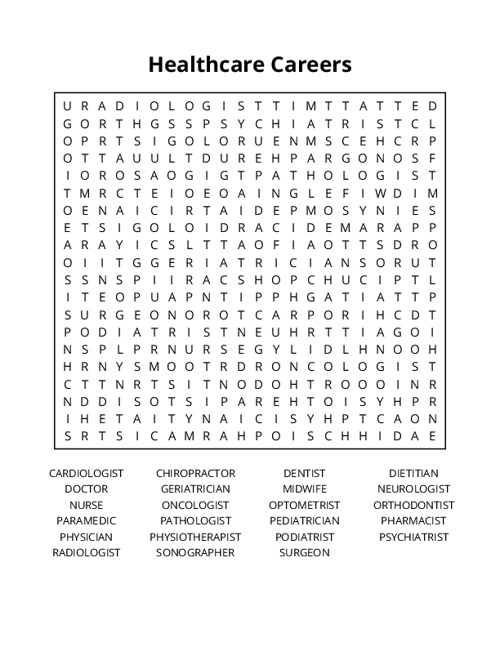 Healthcare Careers Word Search Puzzle