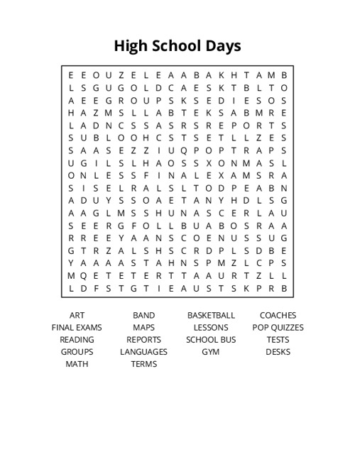 High School Days Word Search Puzzle