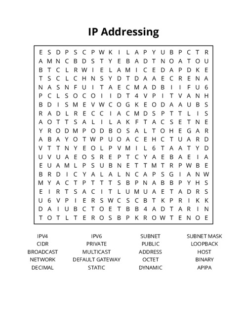 IP Addressing Word Search Puzzle