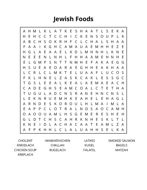 Jewish Foods Word Search Puzzle