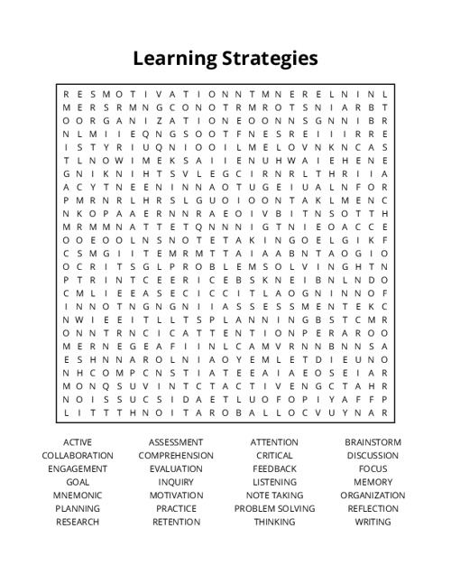 Learning Strategies Word Search Puzzle