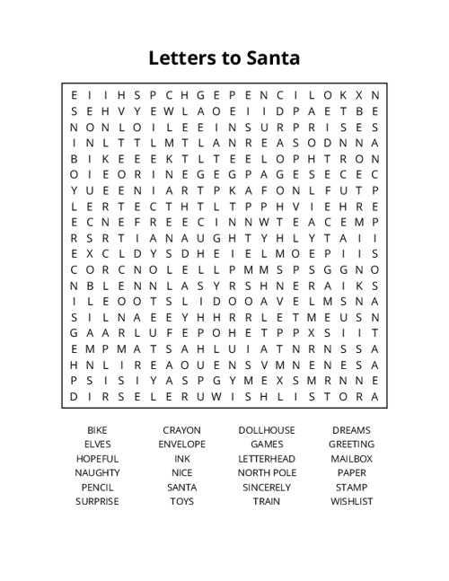 Letters to Santa Word Search Puzzle