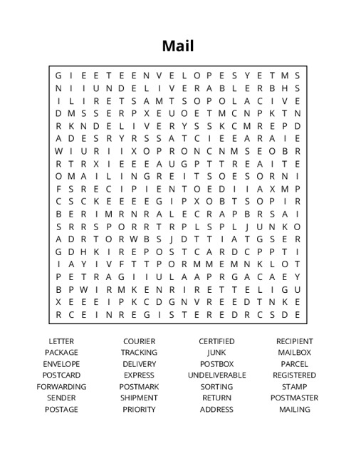 Mail Word Search Puzzle
