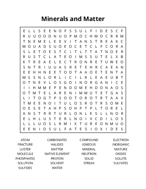 Minerals and Matter Word Search Puzzle
