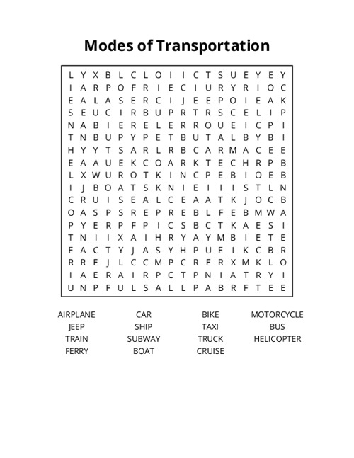 Modes of Transportation Word Search Puzzle