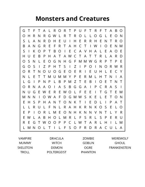 Monsters and Creatures Word Search Puzzle