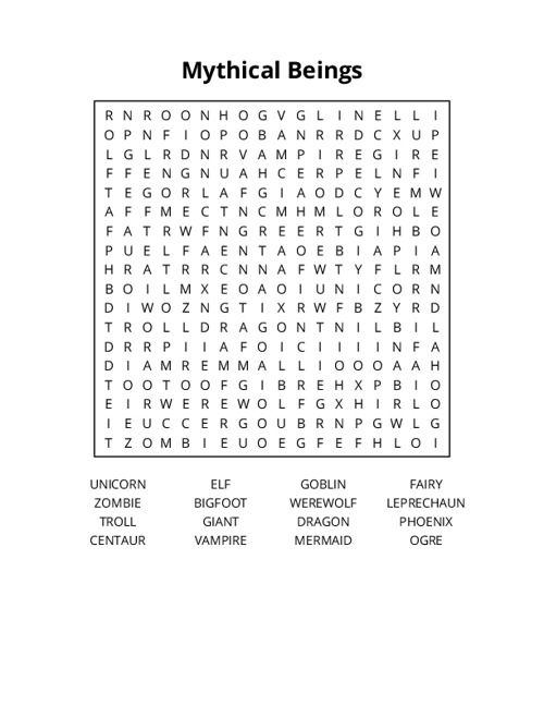 Mythical Beings Word Search Puzzle