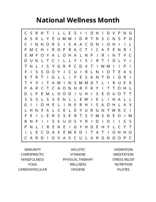 National Wellness Month Word Search Puzzle