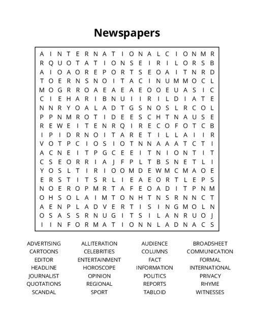 Newspapers Word Search Puzzle