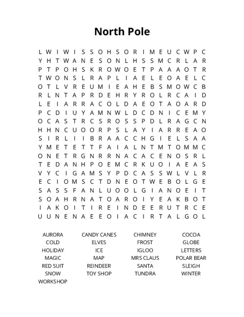 North Pole Word Search Puzzle