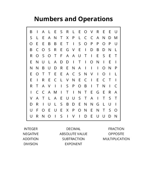 Numbers and Operations Word Search Puzzle