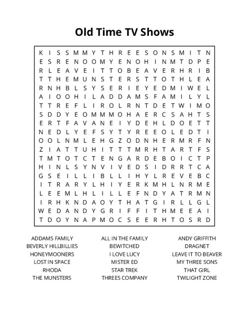 Old Time TV Shows Word Search Puzzle
