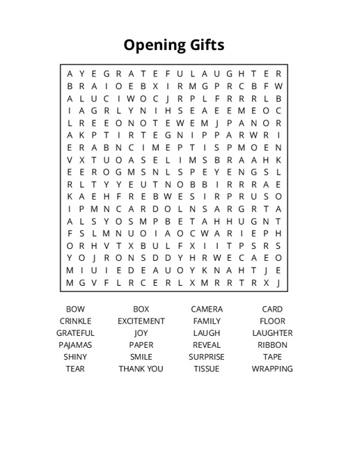 Opening Gifts Word Search Puzzle
